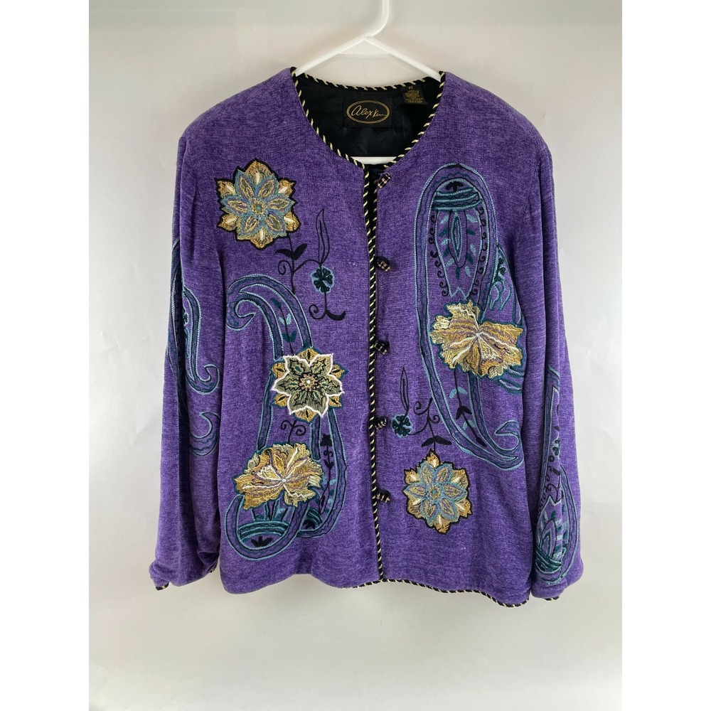 Alex Kim Jacket Women's Petite Size Small Purple Glass Bead Button Shoulder Pads